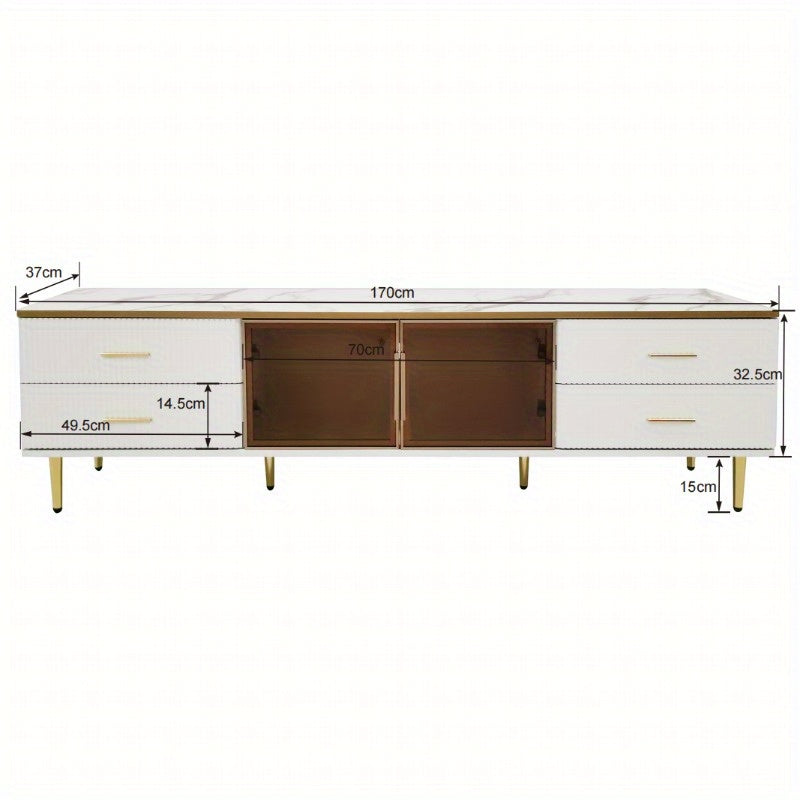 TV Meubel – Lowboard – Entertainmentkast – Sideboard – Dressoir – 4 Lades – Bruin Gehard Glas – 170 cm Hoogte – Marmerlook & Gouden Handvaten