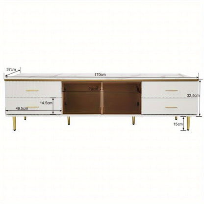 TV Meubel – Lowboard – Entertainmentkast – Sideboard – Dressoir – 4 Lades – Bruin Gehard Glas – 170 cm Hoogte – Marmerlook & Gouden Handvaten