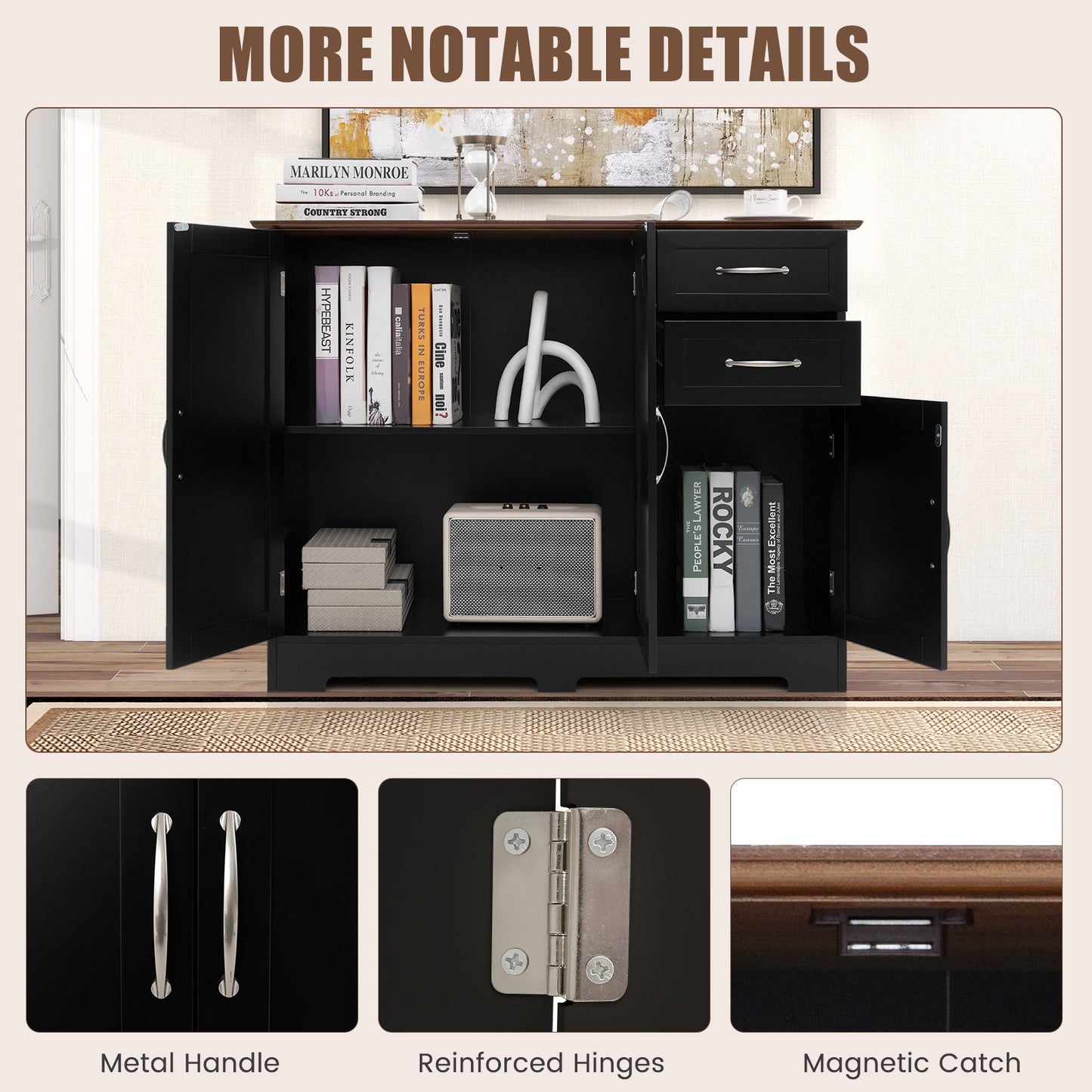 Dressoir – Opbergkast – Ladekast – Buffetkast – Keukenkast – MDF & Metaal – 100x40x78 cm – Magnetische Sluitingen