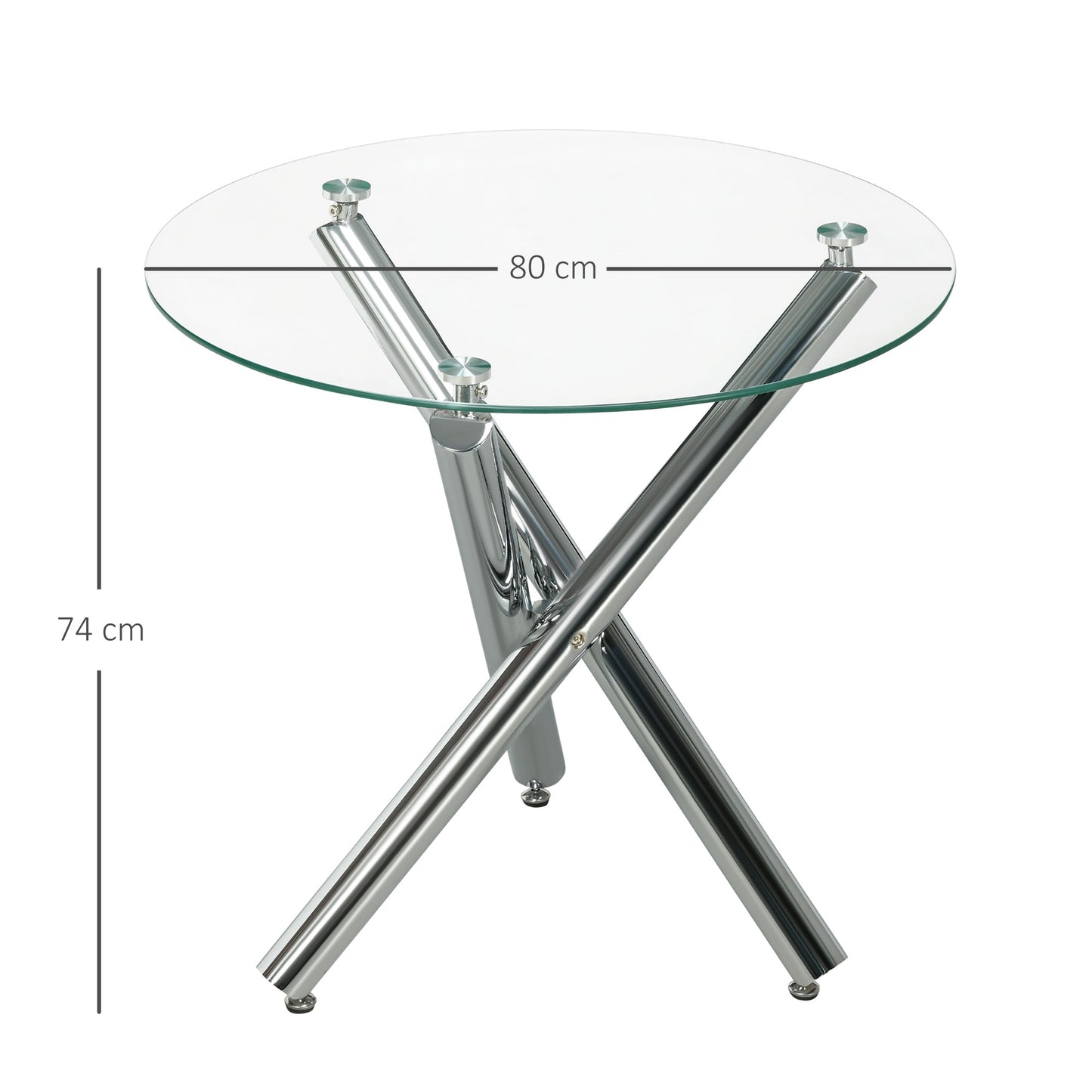 Eettafel – Ronde Tafel – Keukentafel – Dinetafel – Glazen Tafel – Hardglas Zonder Rand – Stabiele Stalen Poten – Ø80 x 74 cm – Geschikt Voor 2-4 Personen