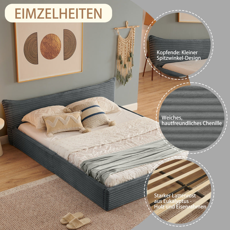 Tweepersoonsbed – Bed – Slaapbank – Ledikant – Boxspring – Donkergrijs Chenille – 140x200 cm – Zachte Velours Bekleding – Stevig Frame
