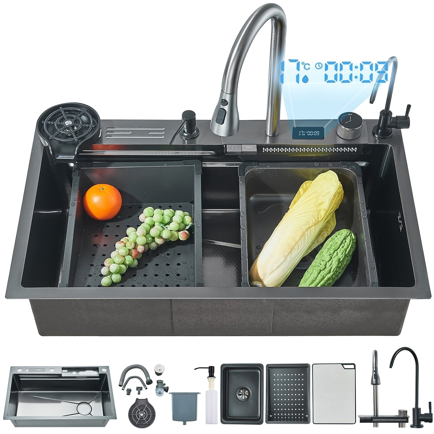 Stainless Steel Waterfall Sink With Display Screen Single Bowl Kitchen Sink RV Sink With Cup Washer Waterfall Pull-Down Faucet And Complete Accessories Set, Gun Gray (76.2*45.97*20.5 cm)