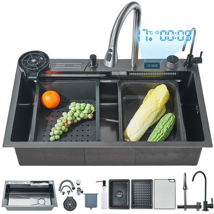 Stainless Steel Waterfall Sink With Display Screen Single Bowl Kitchen Sink RV Sink With Cup Washer Waterfall Pull-Down Faucet And Complete Accessories Set, Gun Gray (76.2*45.97*20.5 cm)