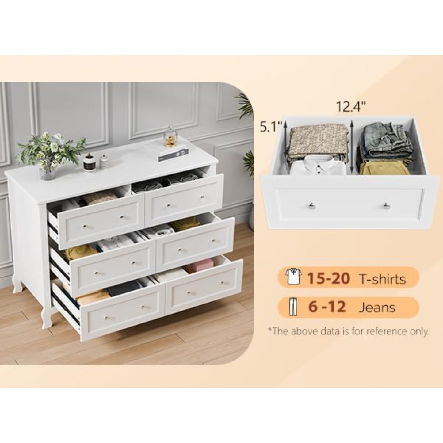 Commode – Ladekast – Dressoir – Kast – Opberger – Witte Commode – 6 Lades – Stevig P2-MDF – Compact 120x40x84 cm
