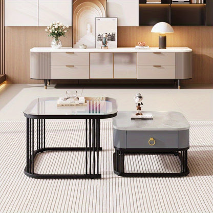 Salontafel – Koffietafel – Bijzettafel – Tafeltje – Side Table – Zwarte uitvoering – Set van 2 Stapelbare Tafels – Hoogglans Marmer Look – Lades en Glazen Blad