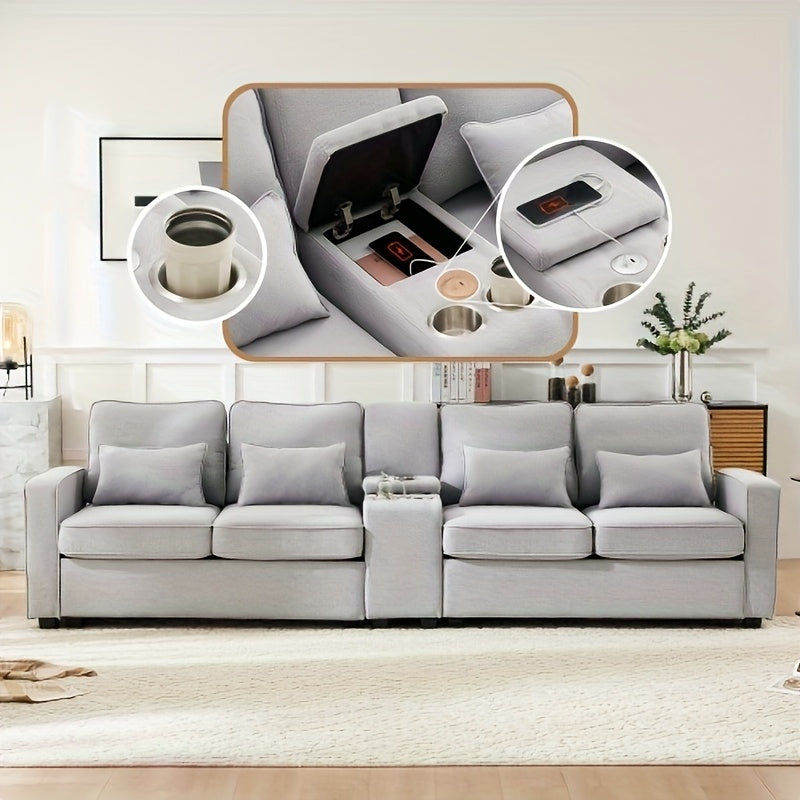 Bankstel – Zithoekbank – Hoekbank – Slaapbank – 4-zitsbank – Grijze Stof – Opbergruimte met Bekerhouders – Comfortabele Zitting