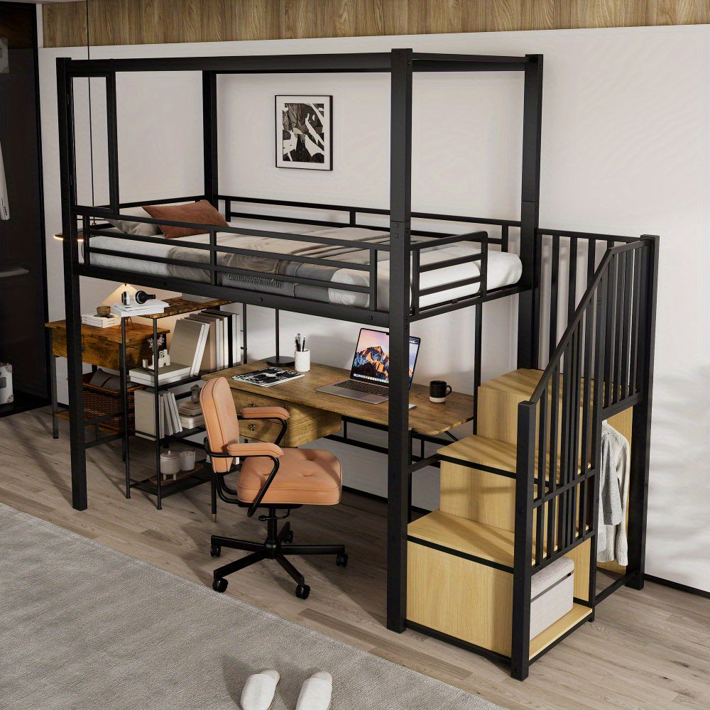 Hoogslaper – Kinderhoogslaper – Stapelbed – Eenpersoonsbed – Bedframe – Met Trap en Kledingkast – Stabiel Metalen Frame – Magnetische Deur – Ruimtebesparend 90x200 cm – Modern Industrieel