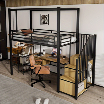 Hoogslaper – Kinderhoogslaper – Stapelbed – Eenpersoonsbed – Bedframe – Met Trap en Kledingkast – Stabiel Metalen Frame – Magnetische Deur – Ruimtebesparend 90x200 cm – Modern Industrieel