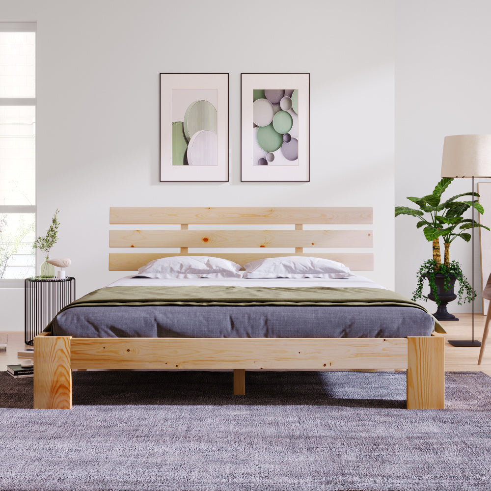 Massief Houten Tweepersoonsbed – Houten Bed – Slaapbank – Bedframe – Slaapmeubel – Massief Dennenhout – Inclusief Hoofdbord en Lattenbodem – 200x140 cm – Duurzaam & Eenvoudig Te Monteren
