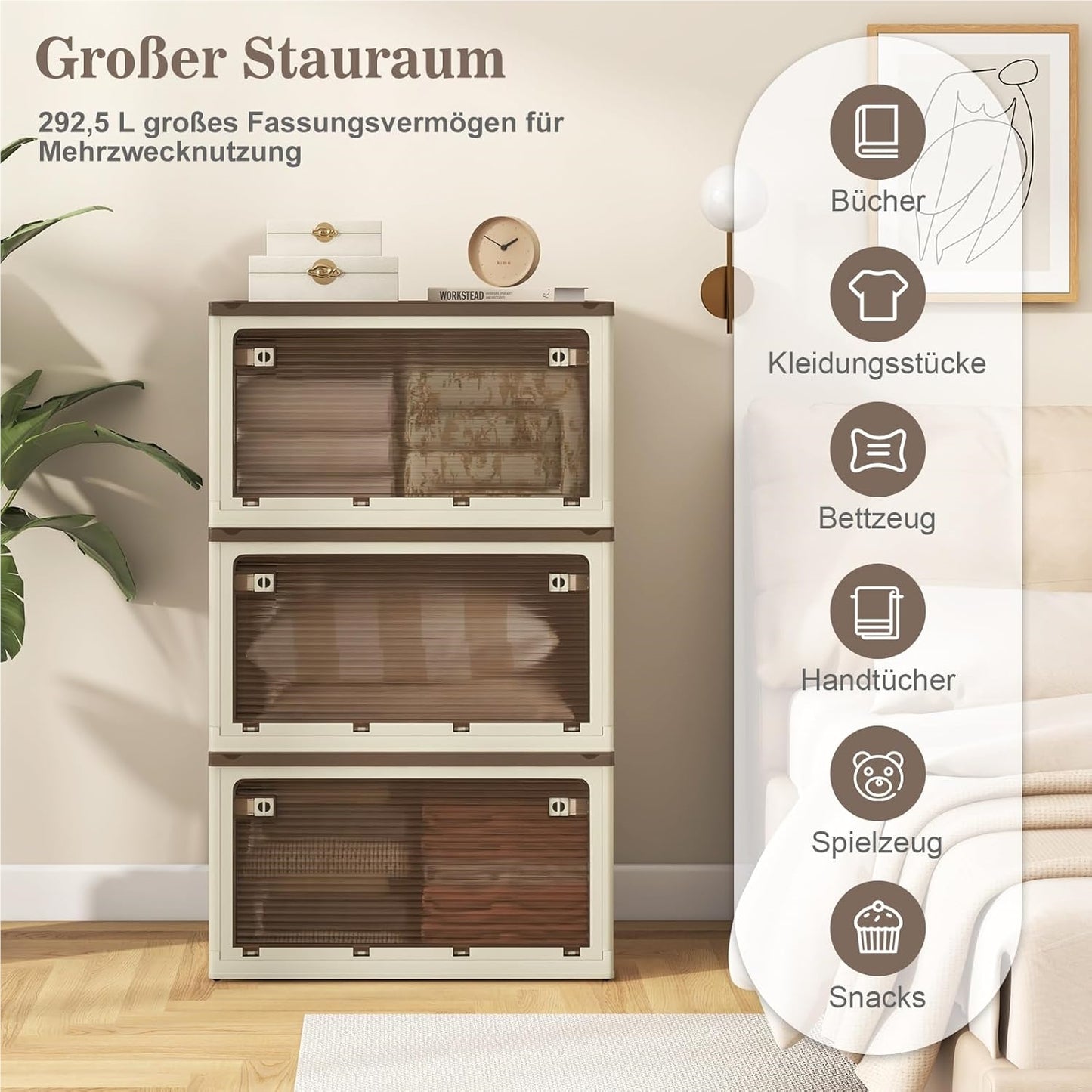 Opbergdoos – Opbergbox – Opbergmand – Bewaardoos – Opbergbak – Stapelbaar – Inklapbaar – 3 x 97,5L – Met Wieltjes en Vijf Openingen – Kunststof Wit