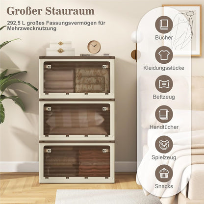 Opbergdoos – Opbergbox – Opbergmand – Bewaardoos – Opbergbak – Stapelbaar – Inklapbaar – 3 x 97,5L – Met Wieltjes en Vijf Openingen – Kunststof Wit