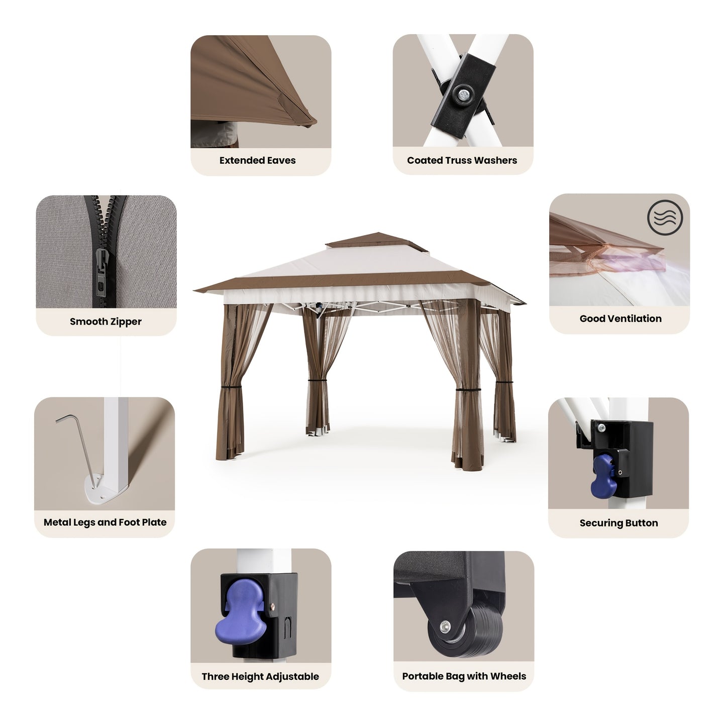 Pop-up Partytent – Tuin Tent – Marktkraam Tent – Buiten Tent – Gazebo – Verstelbare Hoogte – Waterdicht Met Muskietennet – Beige