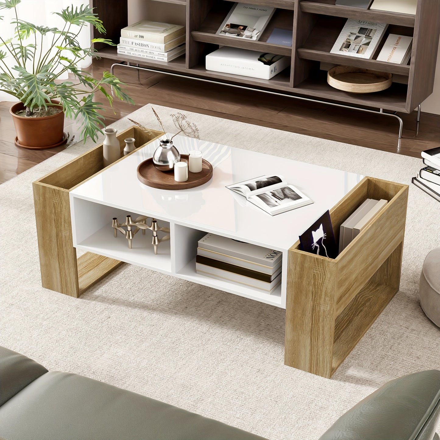 Modern Coffee Table 105 X 60 X 40 Cm - Partially High Gloss, With Drawers And Open Compartments