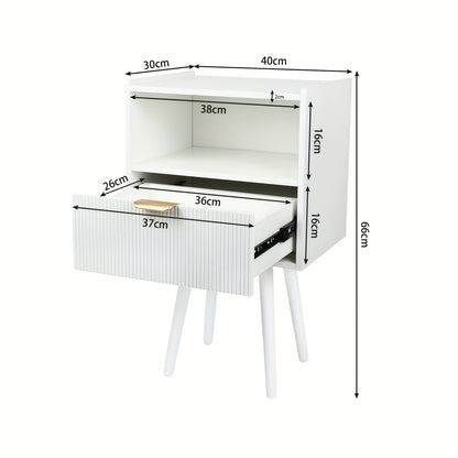 Nachtkastje – Bijzettafel – Sidetable – Bedtafel – Opbergkastje – Wit MDF Met Houten Poten – Lade En Open Vak – Compact 42x30x65 cm
