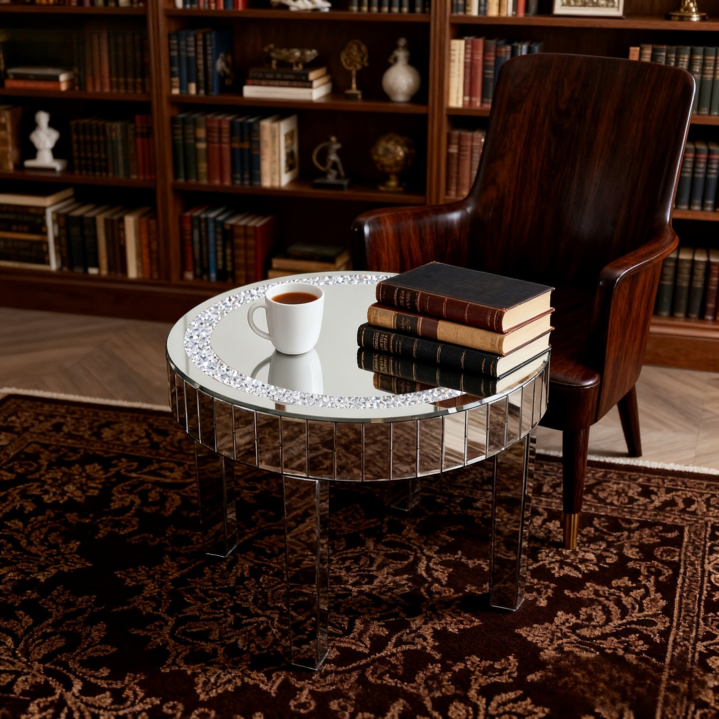 Bijzettafel – Salontafel – Nachtkastje – Tafeltje – Bijzettafeltje – 60x60x50 cm – Spiegelend Glas – Hardhouten Onderstel