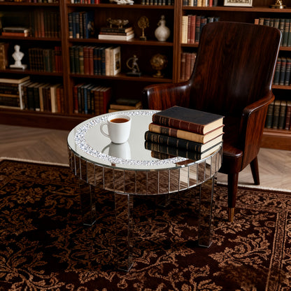 Bijzettafel – Salontafel – Nachtkastje – Tafeltje – Bijzettafeltje – 60x60x50 cm – Spiegelend Glas – Hardhouten Onderstel