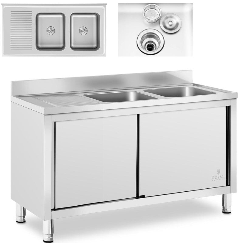 Spoelbak – Gootsteen – Wasbak – Keukenspoelbak – Spoelbakken – Dubbele Compartimenten – RVS – Onderkast Met Schuifdeuren – 140 x 70 x 95 cm – Verstelbare Pooten