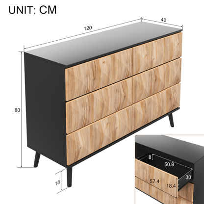 Dressoir – Buffetkast – Ladekast – Opbergkast – Wandkast – 6 Lades – Zwart/Natuurlijk Hout – Verhoogde Ladefronten – Taps Toelopende Poten