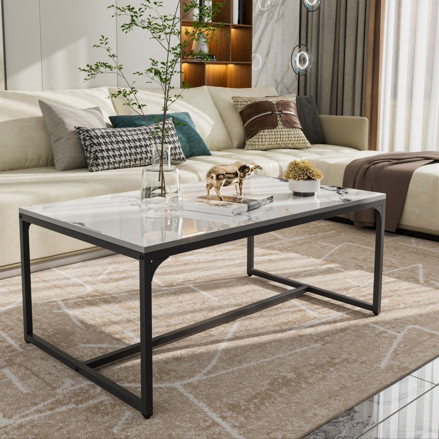 Salontafel – Koffietafel – Woonkamertafel – Bijzettafel – Tafeltje – Wit Sintersteen Blad – Kras- en Hittebestendig – Roestvrij Aluminium Frame