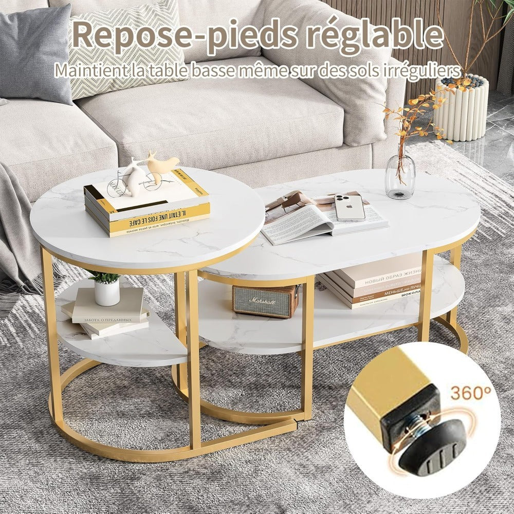 Salontafel – Bijzettafel – Woonkamertafel – Tafellenset – Ovaal en Rond – Wit Goud Faux Marmer – Ruimtebesparend en Stevig MDF
