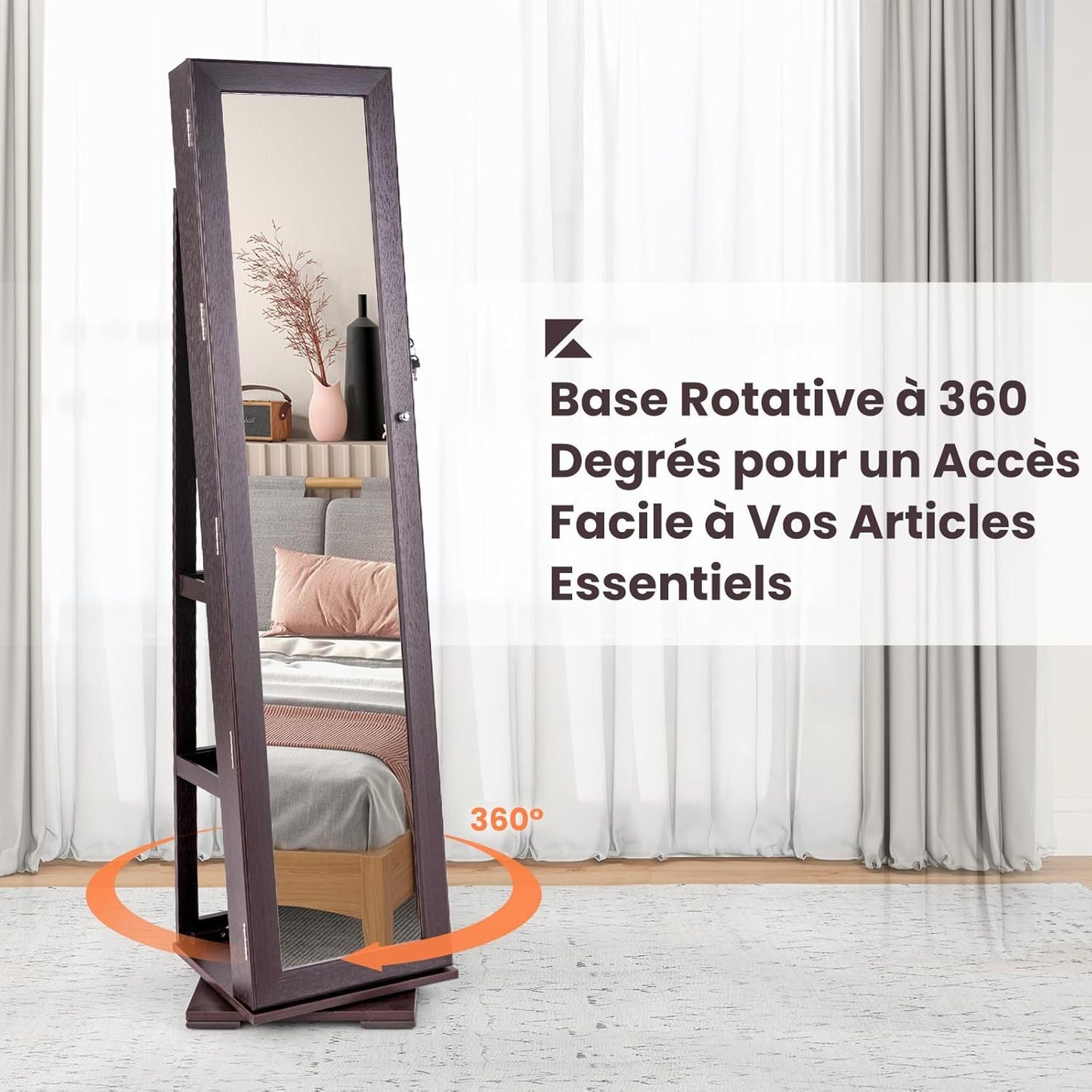 Sieradenkast – Juwelenkast – Spiegelkast – Sieradenopberger – Passpiegel – 360° Draaibaar – MDF Hout Bruin – Slot Met Opbergruimte