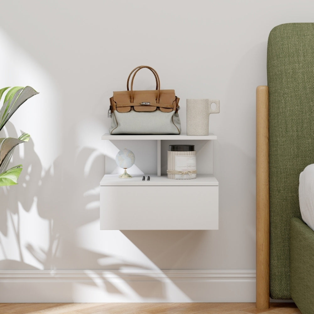 Bedside table, hanging bedside table Side table with drawers, open compartment, bedroom, living room sofa table, white, 39.8 x 35 x 31.6cm