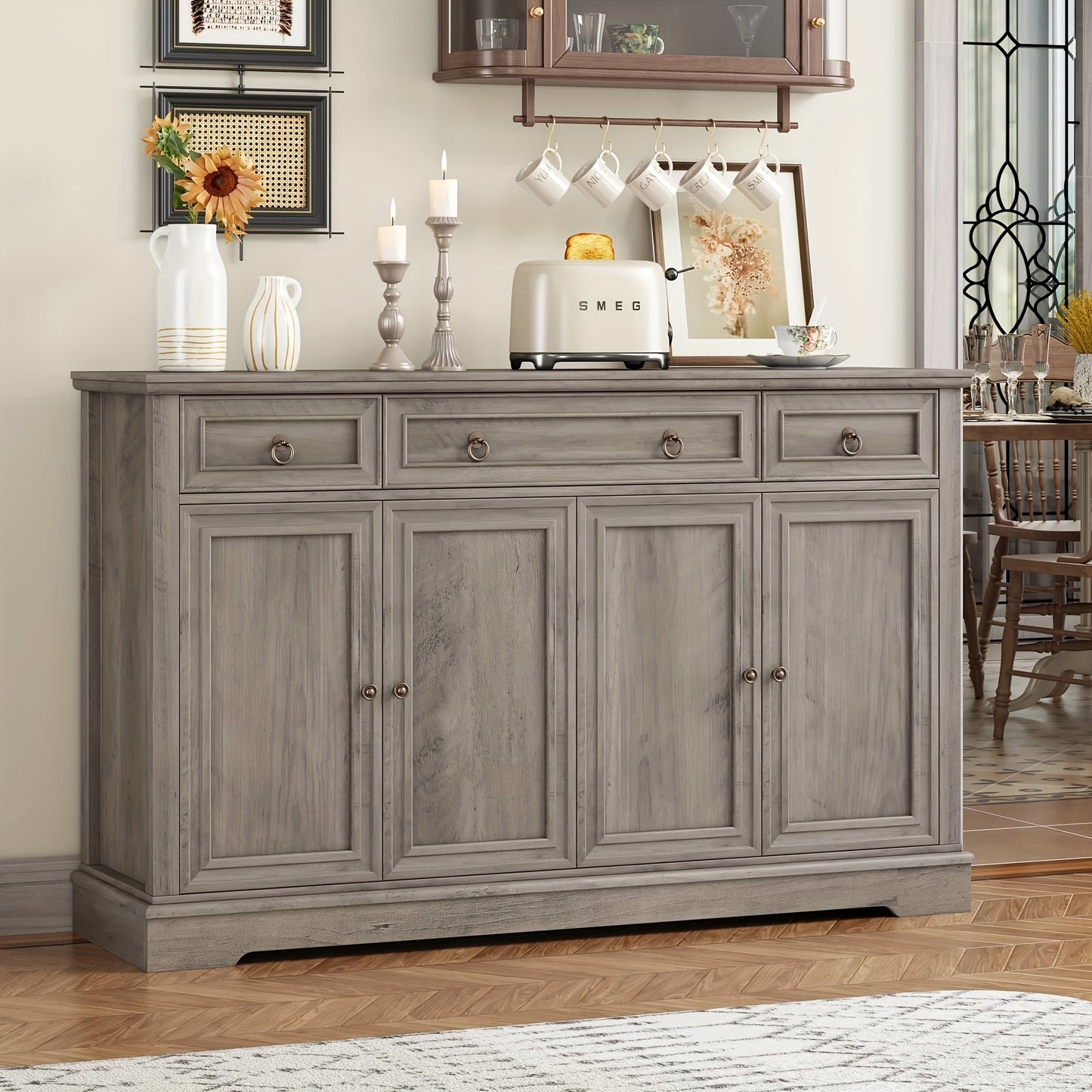 Keukenkastje – Dressoir – Sideboard – Opbergkast – Buffetkast – Asgrijs – 134x87x40 cm – Verstelbare Legplanken – Stevig Werkblad 40 kg