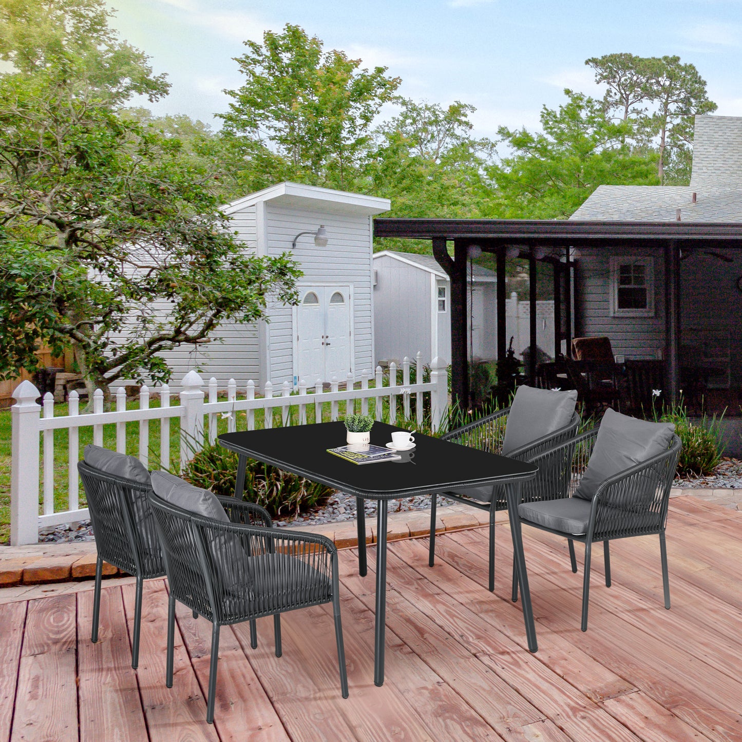 Tuinset 4 Personen – Tuinmeubel Set – Buitentafel Met Stoelen – Balkonset – PE Rattan Meubel – Weerbestendig Aluminium Frame – 140x80x74 cm Tempered Glasblad