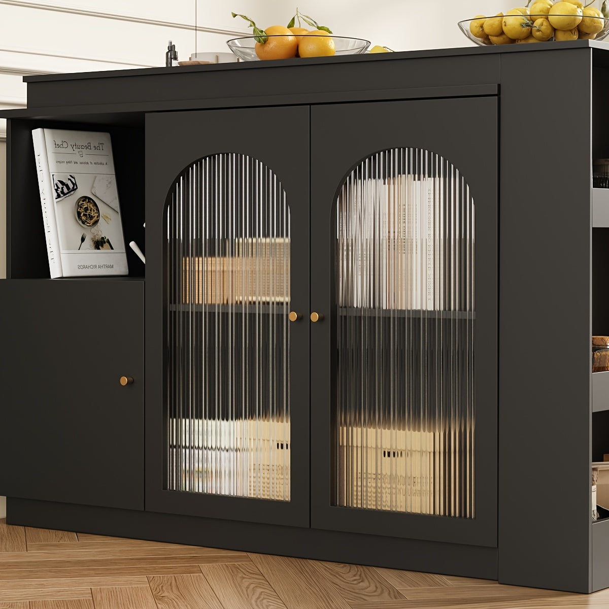 A 360-Degree Rotating Bar (Dimensions 120 X 40 X 97 Cm), Featuring a Sleek Modern Design with Black Rotating Dining And Bar Cabinets, Offering Multifunctional Storage Equipped with Glass Doors.