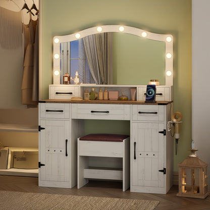 Kaptafel – Make-uptafel – Beautytafel – Schoonheidstafel – Toiletmeubel – Rustiek Bruin-Wit – Led-Verlichting Met 3 Lichtstanden – 5 Lades + 2 Kastdeuren Met Haardrogerhouder