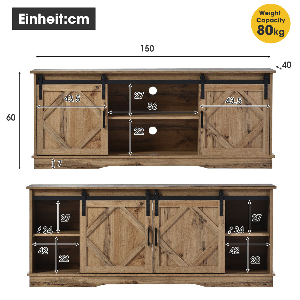 Large TV Cabinet TV Stand Sideboard Entertainment Center | Features two classic sliding doors, Adjustable shelves, Suitable for living room/dining room, Rustic style/modern design, Dimensions: 150*40*60cm, Antique brown, Meta