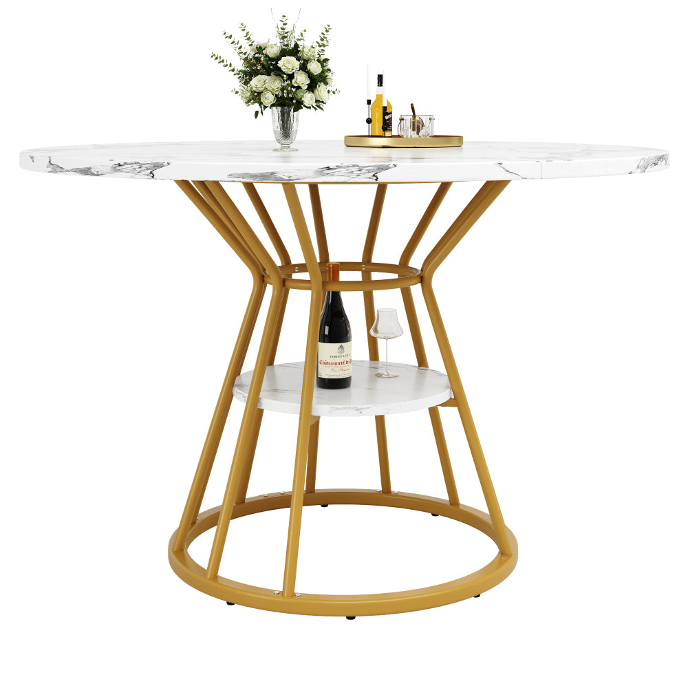 Ronde Eettafel – Ronde Tafel – Eettafel – Moderne Eettafel – Eetkamertafel – Marmerlook Blad – Gouden Metalen Poot – Duurzaam & Onderhoudsvriendelijk – Geen Montage Nodig