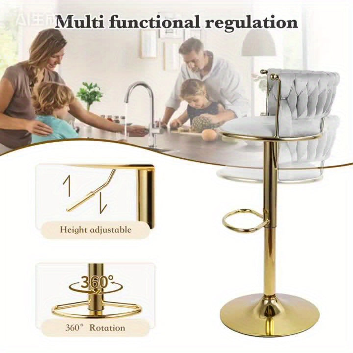 Barstoel – Barkruk – Barstoel Kruk – Keukenstoel – Barkrukken Set Van 2 – Dutch Velvet Bekleding – Verstelbare Hoogte En 360° Draaibaar – Gouden Metalen Frame