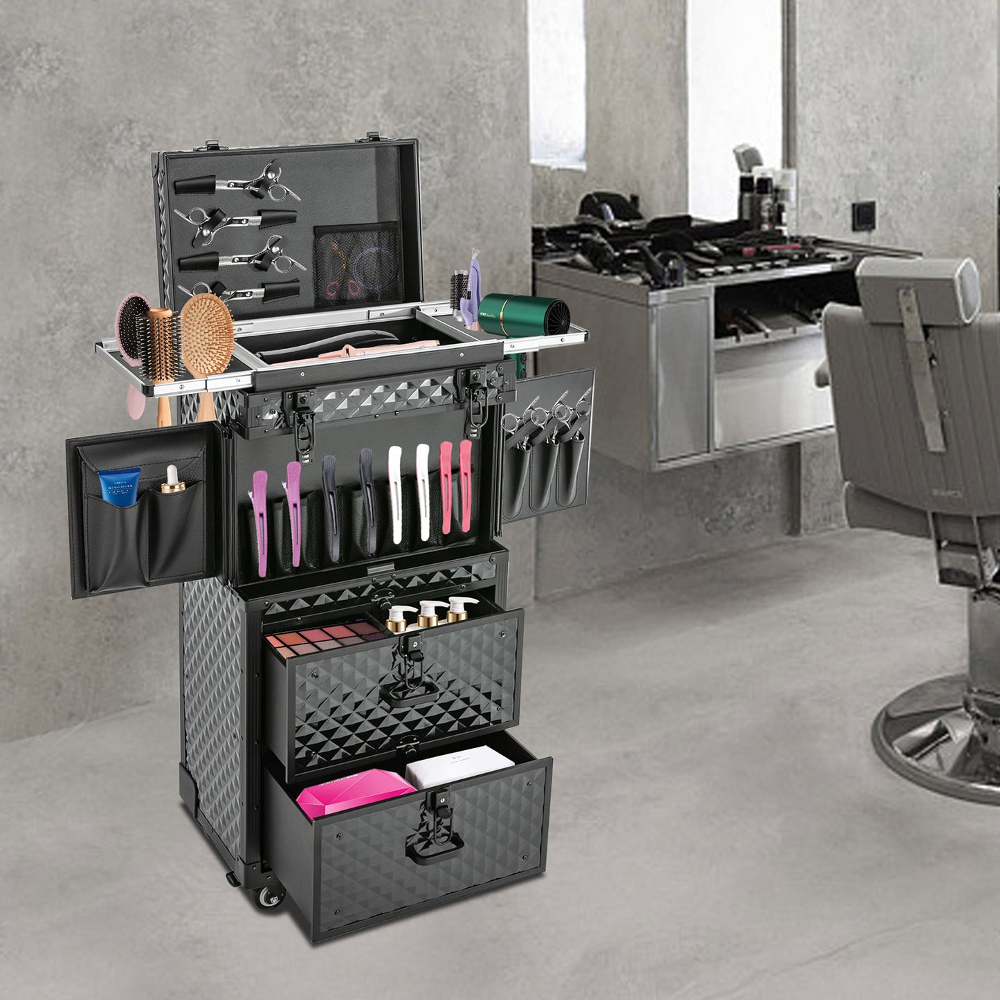 Make-up Koffer – Make-up Trolley – Cosmetica Organizer – Make-up Case – Make-up Trolley Op Wielen – 4 Lagen Indeling – Duurzaam Aluminium Zwart