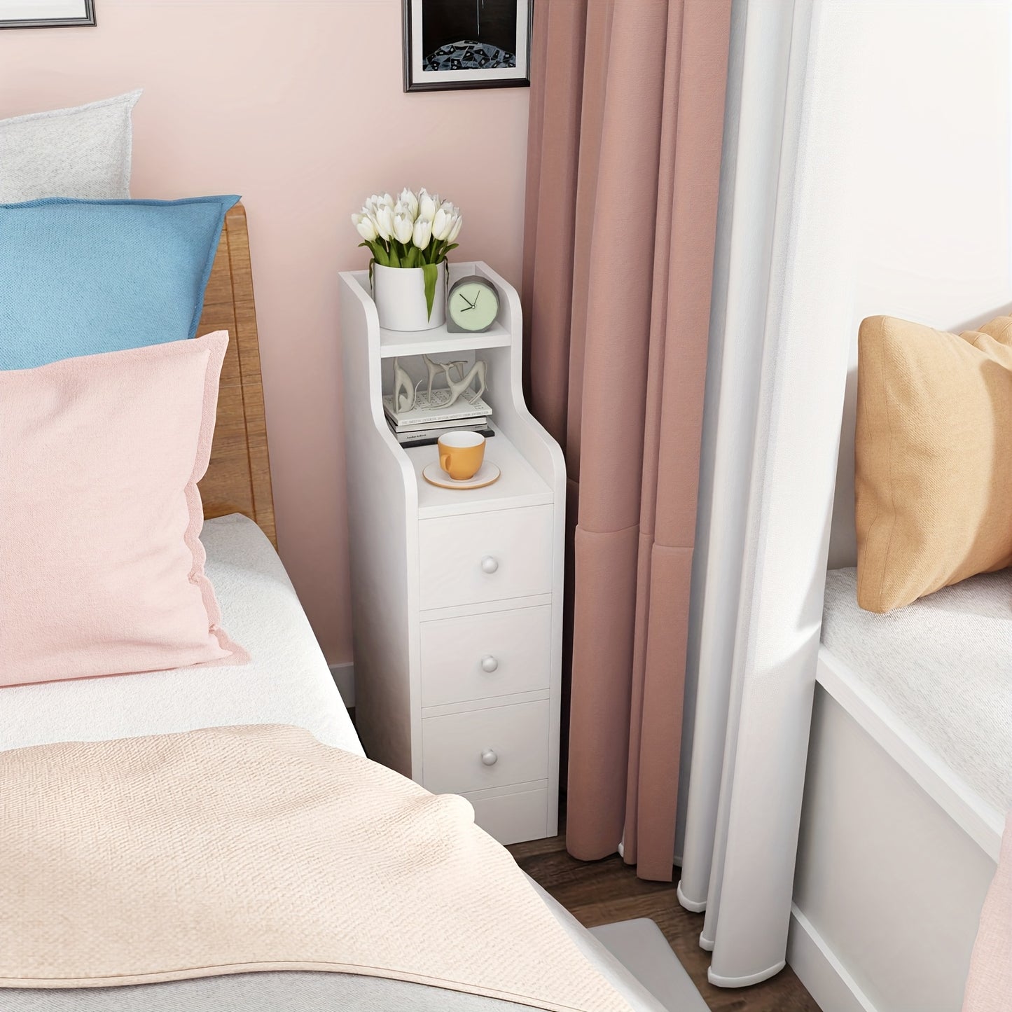 Nachtkastje – Nachtkastjes – Bijzettafel – Ladekast – Bedkastje – Compact Smal Model – 3 Laden – Wit Hardhout – 20x35x70 cm – Ruimtebesparend – Multifunctioneel