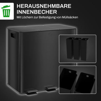 Afvalemmer 3-vaks – Prullenbak – Vuilnisbak – Afvalcontainer – Scheidingsbak – 45 Liter Inhoud – Soft-Close Metalen Design – Zwart Met Voetbediening