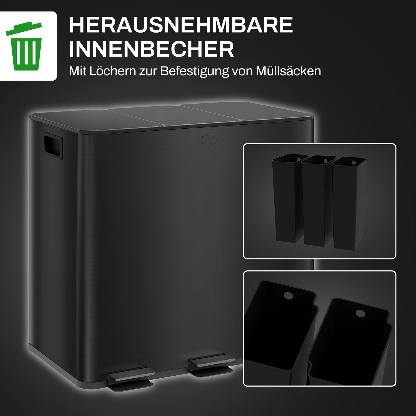 Afvalbak – Prullenbak – Vuilnisbak – Afvalcontainer – Recyclingbak – 3 x 15L Compartimenten – Vingerafdrukbestendig RVS – Soft-Close Deksels – Deodorantventilatie – Uitschuifbare Binnenbakken – Zwart