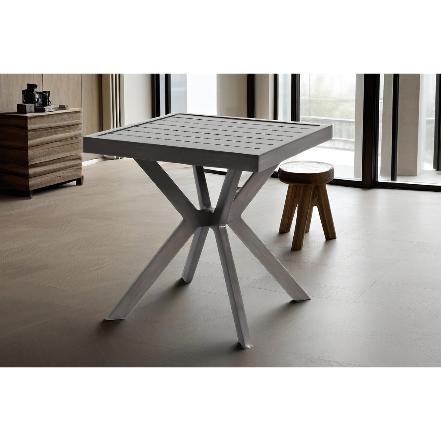 Bijzettafel – Sidetable – Salontafel – Banktafel – Nachtkastje – Weerbestendig Aluminium – Donkergrijs – Vierkant – Modern X-poot – Voor Binnen en Buiten