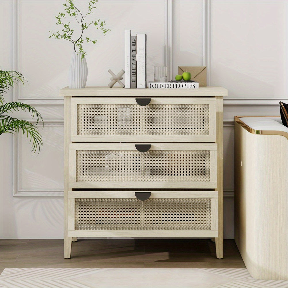 Dressoir – Kast – Opbergkast – Ladekast – Buffetkast – Modern Woven Honeycomb Design – 3 Lades Met Verwisselbare Deurpanelen – Duurzaam Niet-Houten Materiaal – Compact 80 cm Breed – Beige/Witte Afwerking Met Gouden Accenten