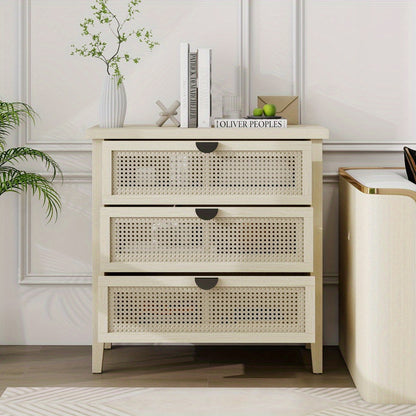 Dressoir – Kast – Opbergkast – Ladekast – Buffetkast – Modern Woven Honeycomb Design – 3 Lades Met Verwisselbare Deurpanelen – Duurzaam Niet-Houten Materiaal – Compact 80 cm Breed – Beige/Witte Afwerking Met Gouden Accenten