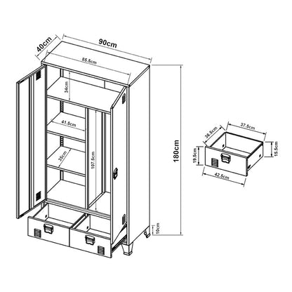 Stalen Kledingkast – Garderobekast – Kledingkast Met Laden – Opbergkast – Industrieel Design – Wit Gelakt Staal – 180 x 90 x 40 cm – Ruime Bergruimte – Stevige Constructie