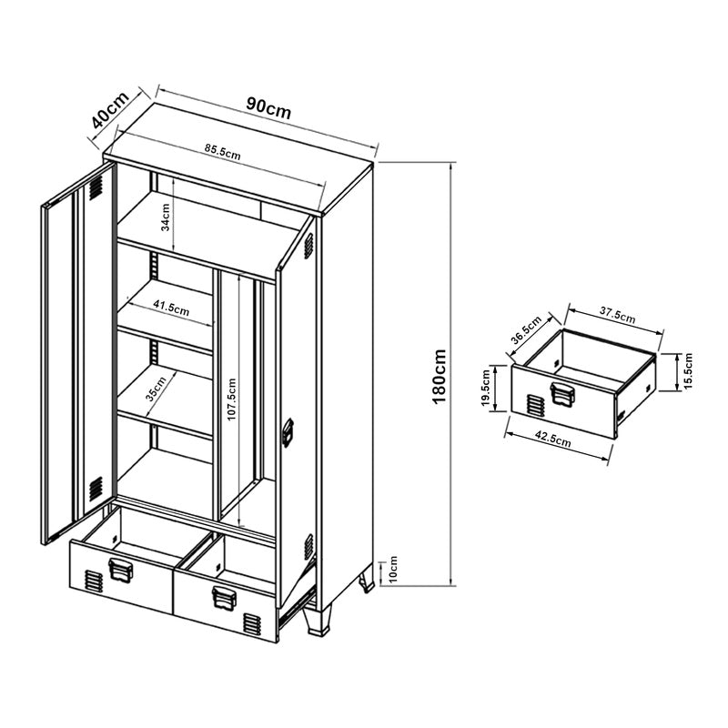 Stalen Kledingkast – Garderobekast – Opbergkast – Kledingrek – Kledingstation – Industrieel Design – Ventilatie Deuren – 180 x 90 x 40 cm – Stevige Stalen Constructie