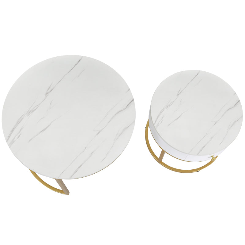 Salontafel – Koffietafel – Bijzettafel – Nachtkastje – Woonkamertafel – Hoogglans Marmerpatroon – Set van 2 Ronde Nesting Tafels 70x70 & 50x50 cm