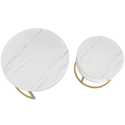 Salontafel – Koffietafel – Bijzettafel – Nachtkastje – Woonkamertafel – Hoogglans Marmerpatroon – Set van 2 Ronde Nesting Tafels 70x70 & 50x50 cm