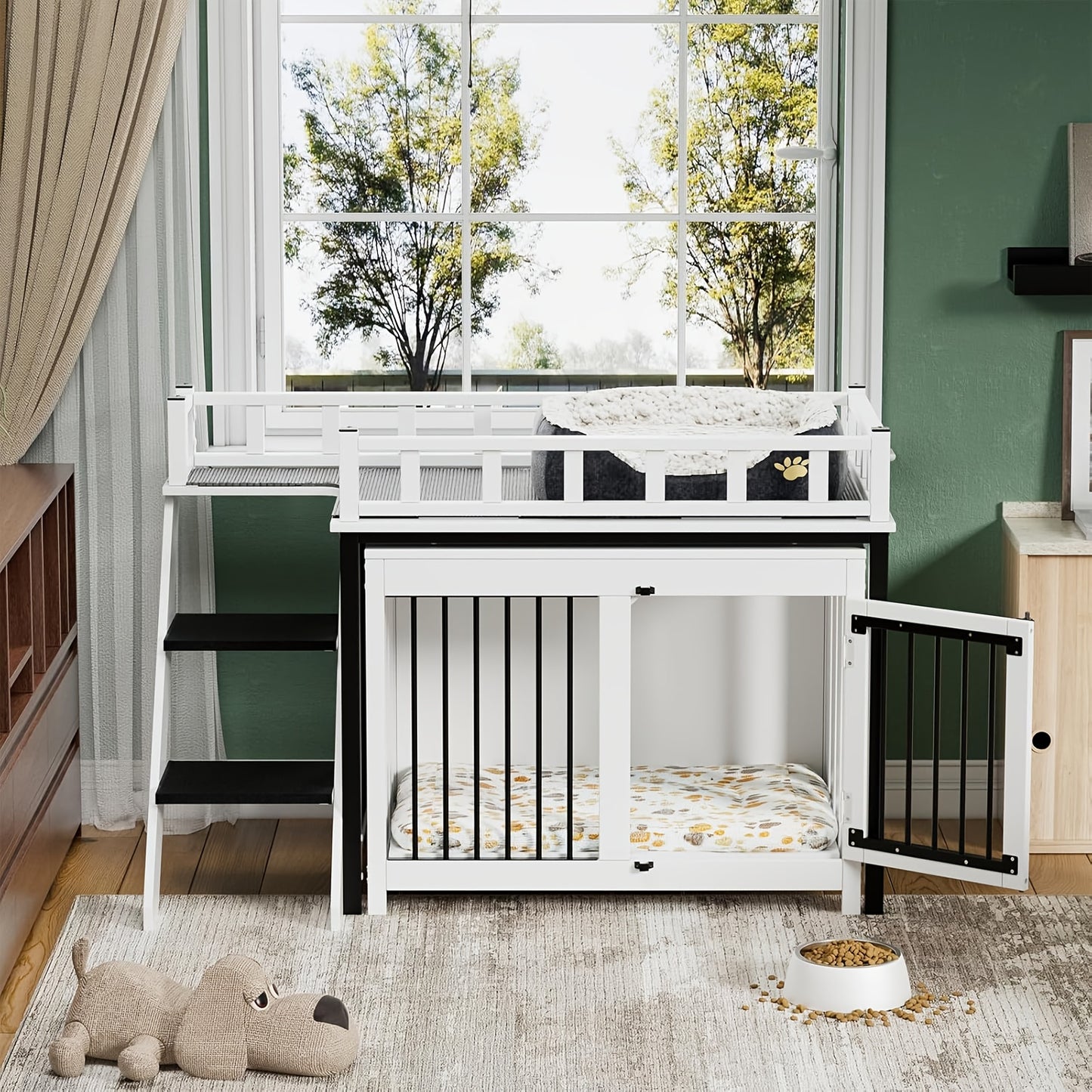 Hondenbench – Hondhuis – Hondenkooi – Huisdier Bench – Hondenren – Dakterras Met Reling – Trap Met Antislip Treden – Hout En Metaal – Voor Kleine En Middelgrote Honden – 120x56x65 cm