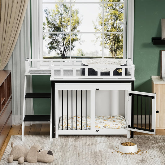 Hondenbench – Hondhuis – Hondenkooi – Huisdier Bench – Hondenren – Dakterras Met Reling – Trap Met Antislip Treden – Hout En Metaal – Voor Kleine En Middelgrote Honden – 120x56x65 cm