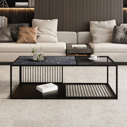 BTM Coffee Table, Wrought Iron Coffee Table with Glass, Large Storage Space