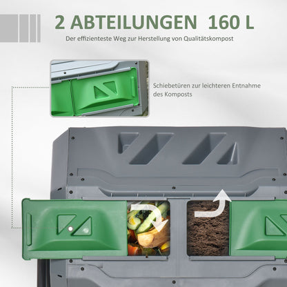 Compostbak – Compostcontainer – Compostton – Compostvat – Composteerbak – 2-Kamer Systeem – 160L Capaciteit – Draaibare Trommel – Grijs Groen Zwart