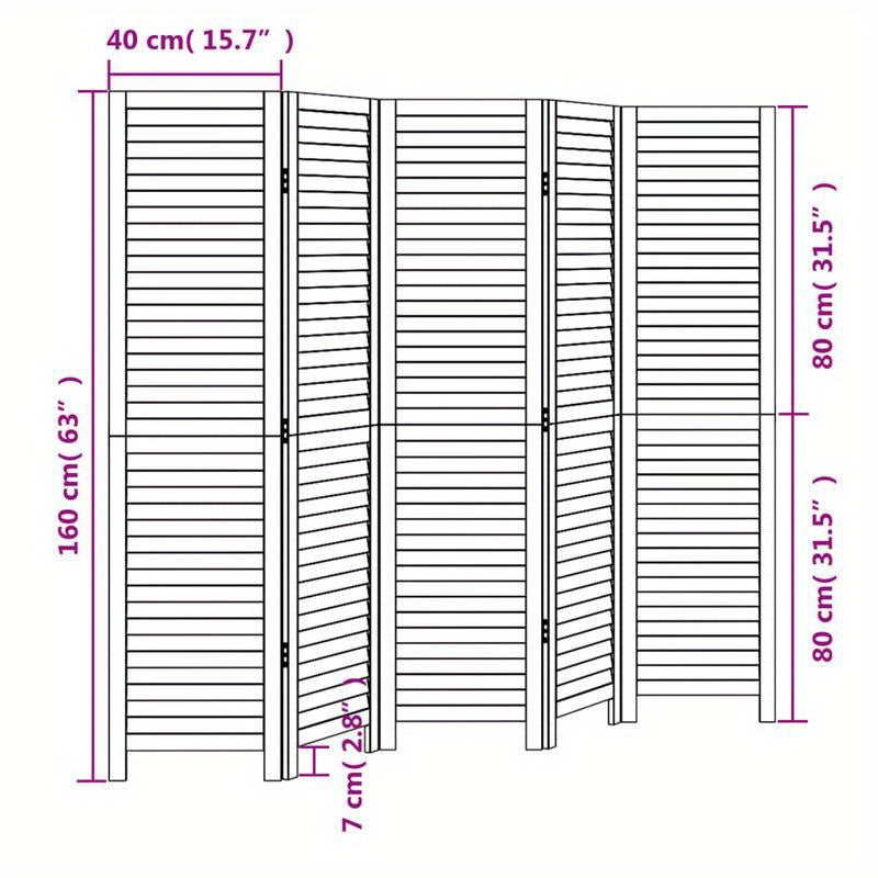 Room Divider with 5 Panels Made of Solid Black Paulownia Wood