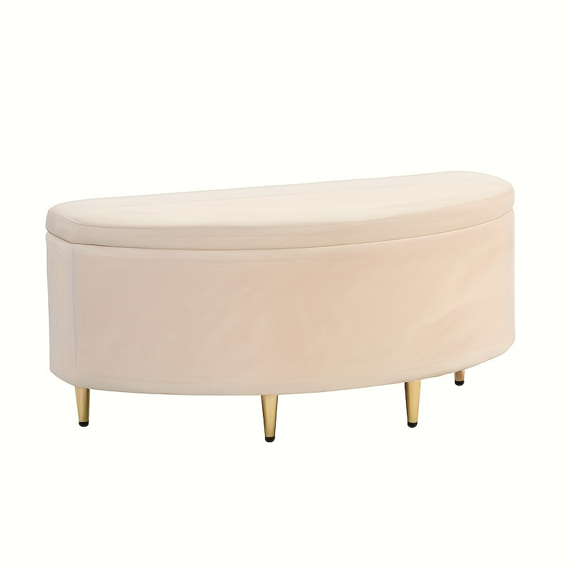 Opbergkoffer Bankje – Opbergkist Bank – Opbergbox Bankje – Schoenenbank – Halbank – Beige Velvet Bekleding – 90x40x42 cm – Metalen Pootjes